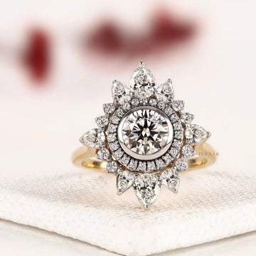 Sunburst floral halo round cut lab diamond engagement ring