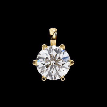 Round moissanite solitaire pendant in a six-prong gold setting with polished bail