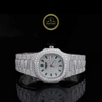 Full Iced Out Round Cut Diamond Octagonal Watch with Green Emerald-Cut Hour Markers