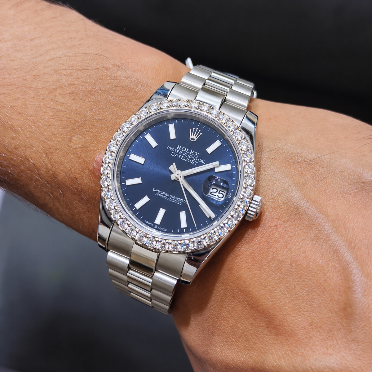Blue Dial Diamond Bezel Watch & Tennis Bracelet Set
