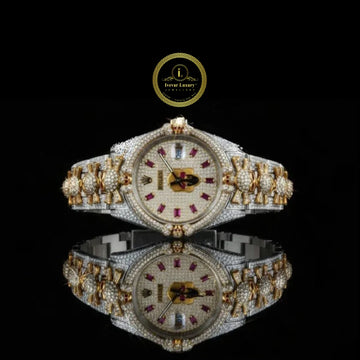 Full Iced Out Diamond Watch with Ruby Hour Markers & Custom Floral Link Band