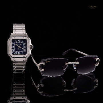 Royal Prestige Set – Blue Dial Luxury Watch And Crystal-Accent Sunglasses By Ivevar