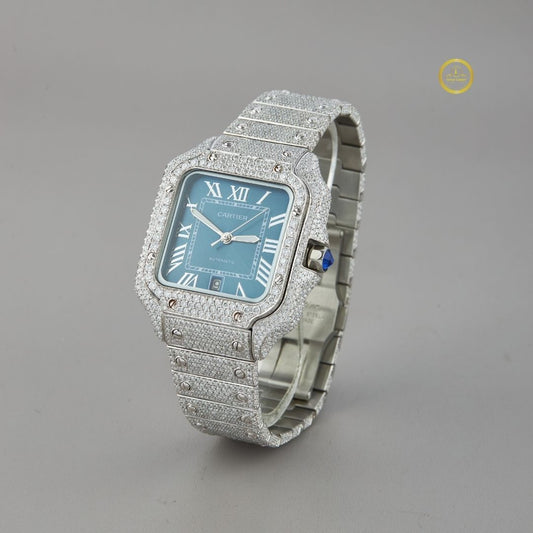 Elegant Moissanite Diamond-Encrusted Silver Timepiece with Aqua Blue Roman Dial and Paved Bracelet