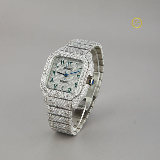 Stunning Moissanite Diamond-Set Luxury Watch with Emerald Green Numerals and Pave Dial Design