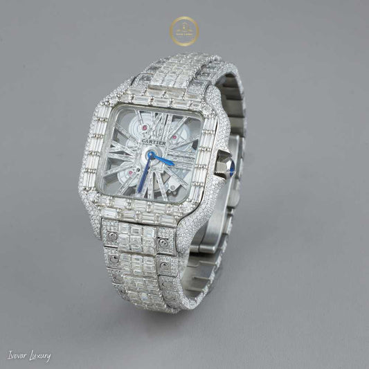 Luxurious Skeleton Lab Grown Diamond Timepiece with Baguette-Cut Detailing and Transparent Mechanical Design