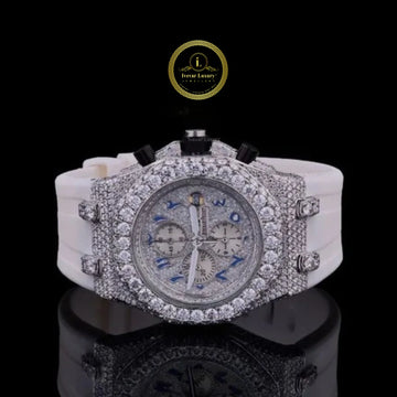 Round Cut Diamond Chronograph Watch with Blue Arabic Numeral Dial & White Rubber Strap