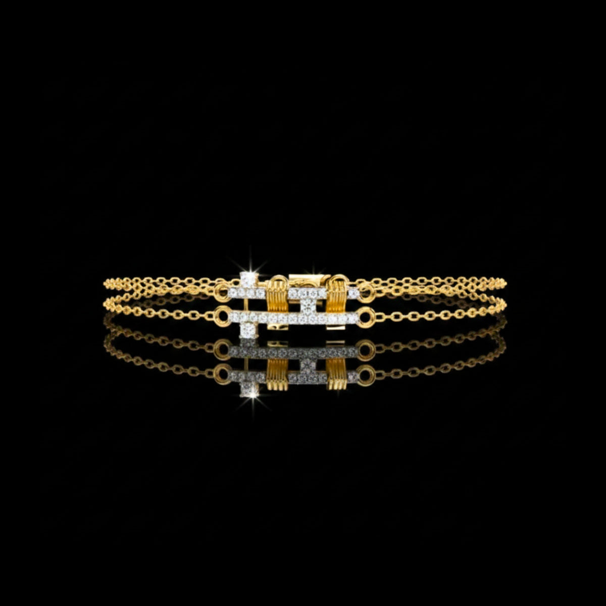Round Moissanite Diamond Double Layered Bracelet with Studded Geometric Motif