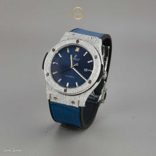 Daring & Refined - Custom Moissanite Diamond Watch with Contrast Blue Rubber Strap