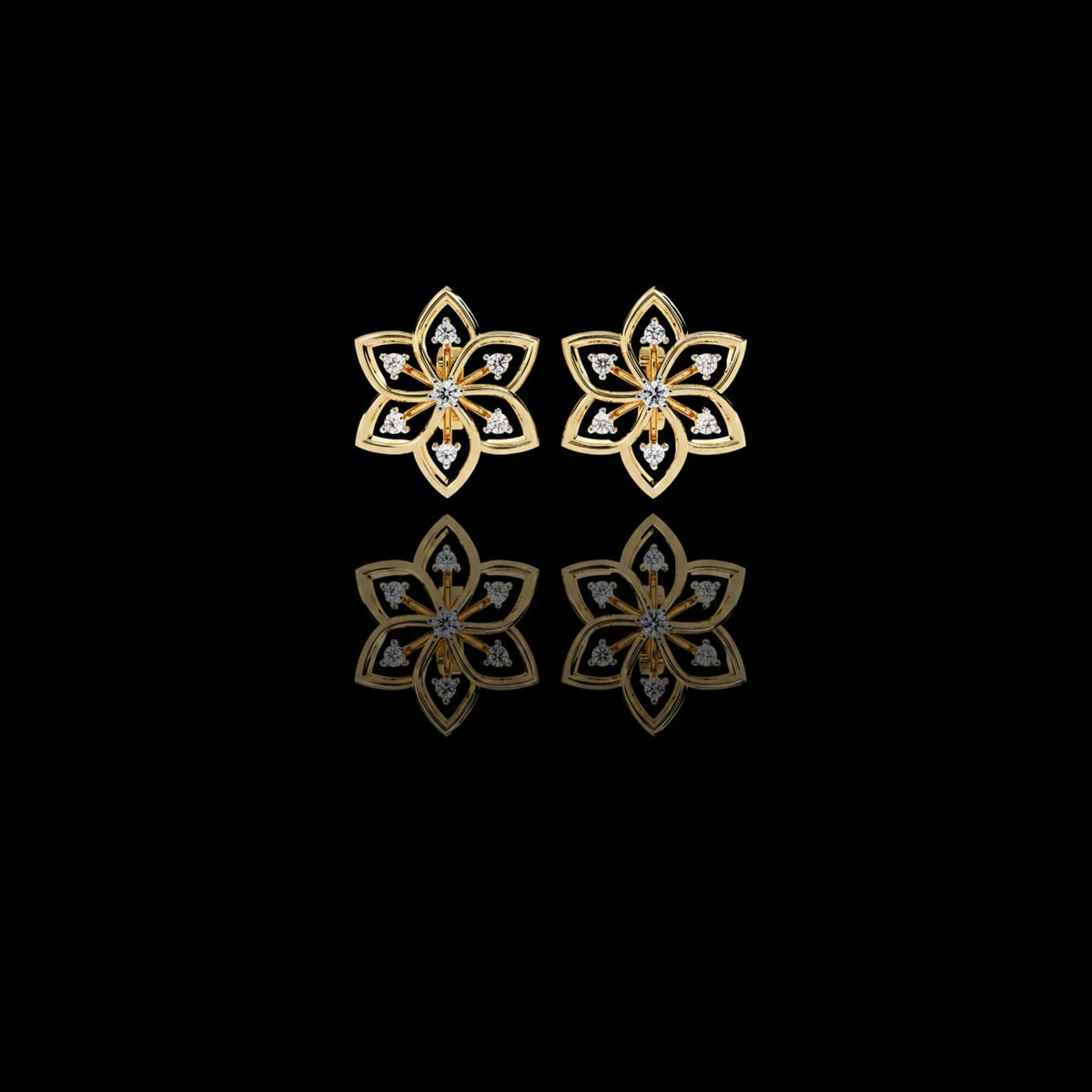 Lotus Moissanite Diamond Round Center Floral Stud Earrings with Round Side Stones