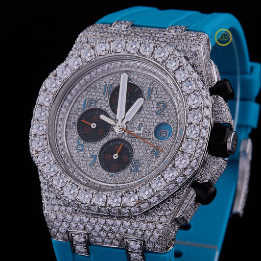 Tiifiny Blue Colour Band With Half Ice Out in Moissonite Diamond by Ivevar Luxury.