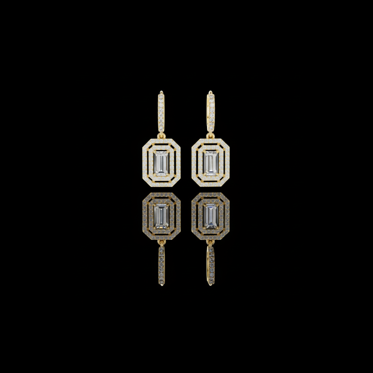 Art Deco Octagonal Double Halo Emerald Cut Moissanite Diamond Huggie Drop Earrings