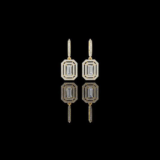 Art Deco Octagonal Double Halo Emerald Cut Moissanite Diamond Huggie Drop Earrings