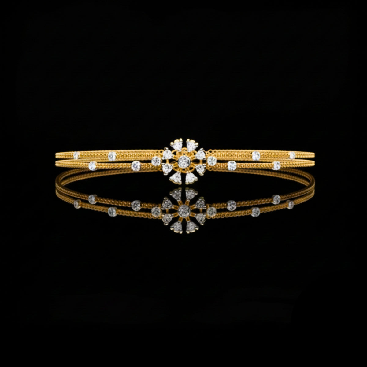 Round Moissanite Diamond Double Strand Bangle Bracelet with Floral Center