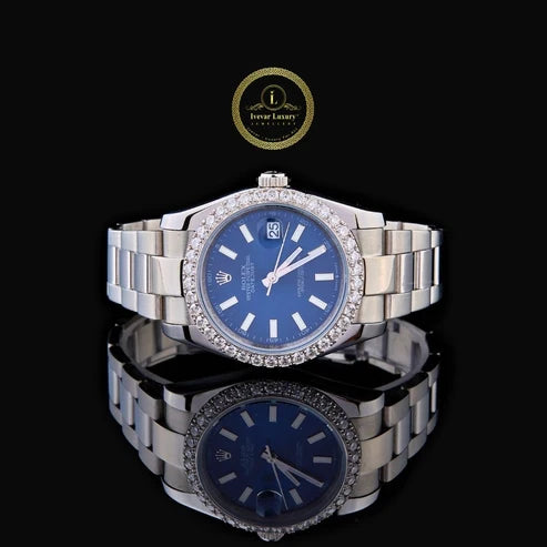 Blue Dial Diamond Bezel Watch & Tennis Bracelet Set