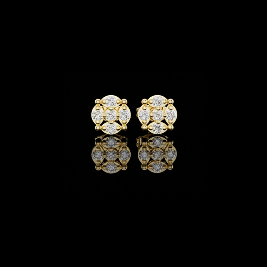 Geometric Round Lab Diamond Cluster Stud Earrings with Modern Floral Symmetry