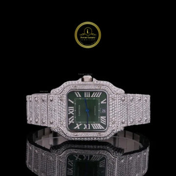 Full Iced Out Round Cut Diamond Square Automatic Watch with Green Roman Numeral Dial