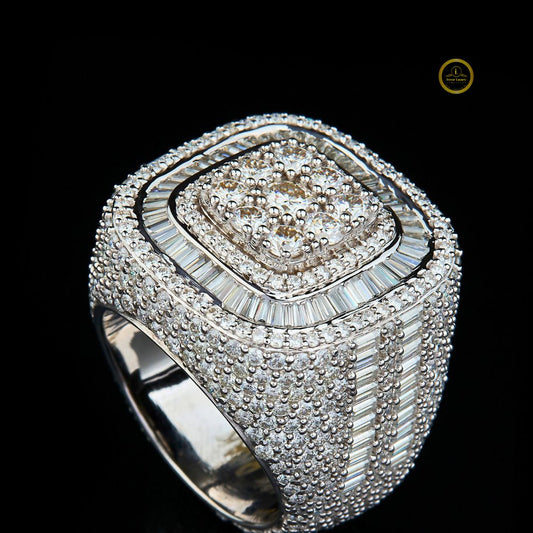 Full Silver Ice Out Round and Baguette Cut Moissanite Diamond HipHop Ring By Ivevar.
