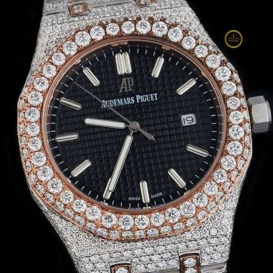 Exquisite Two-Tone Missonite Diamond-Encrusted Timepiece with Full Pavé Detailing and Elegant Black Dial