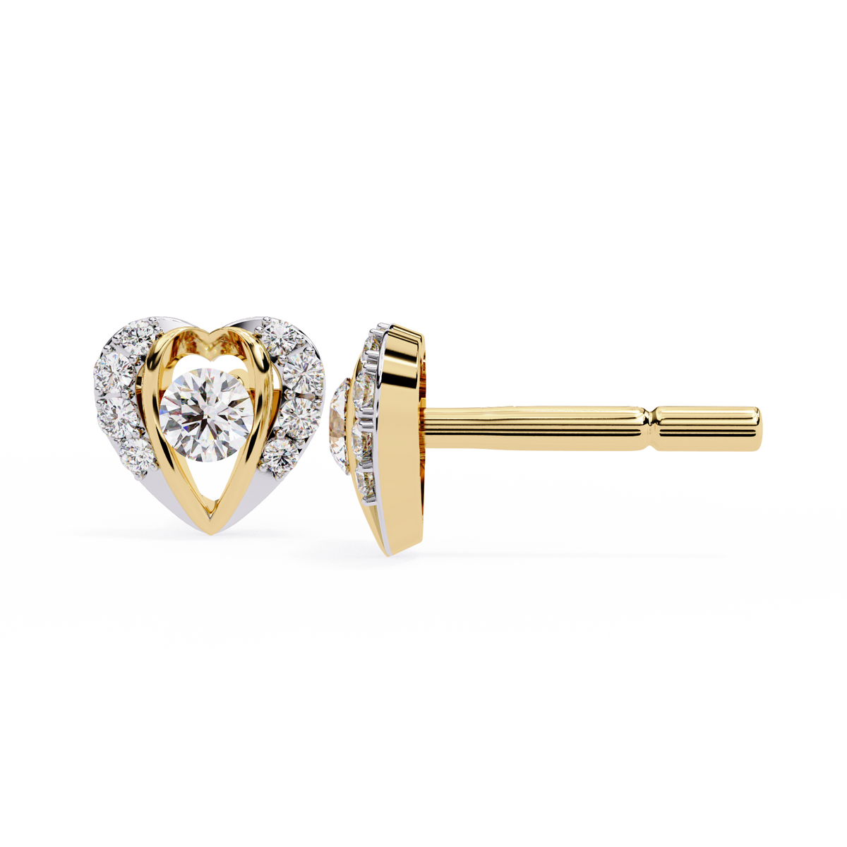 Heart Shaped Moissanite Diamond Stud Earrings with Round Center Stone and Pave Accents - View 4