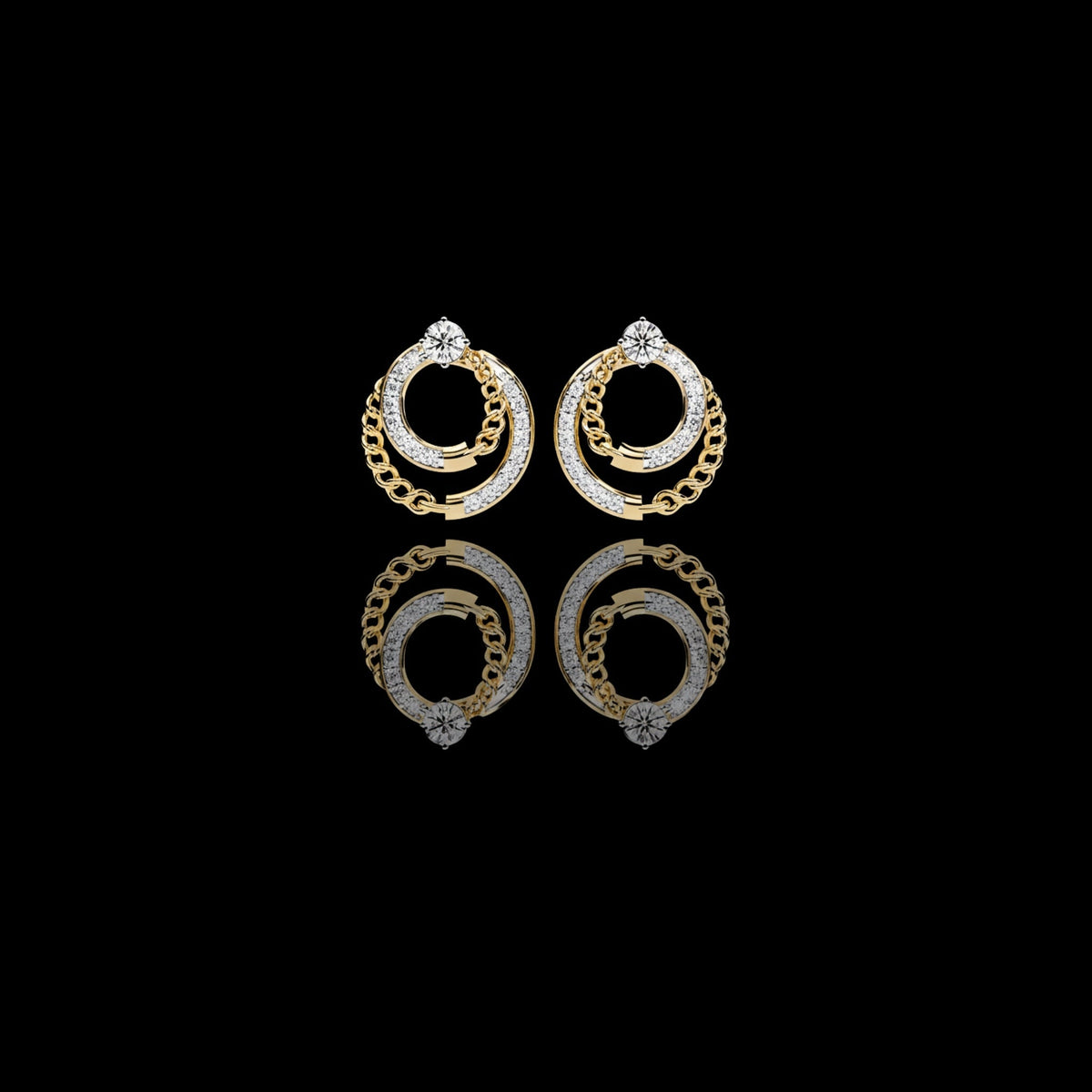 Double Circle Lab Diamond Round Stud Earrings with Pavé Chain Detail
