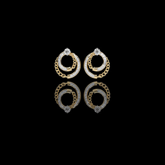 Double Circle Lab Diamond Round Stud Earrings with Pavé Chain Detail