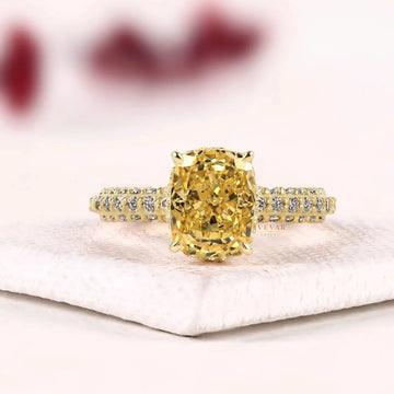 Yellow Radiant Cut Hidden Halo with Pave Band Lab Diamond Ring