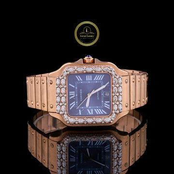 Elegant Rose Gold Watch with a Blue Dial and Marquise Diamond Bezel.