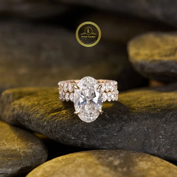 Oval Cut Solitaire Lab Diamond Ring with Double Pave Band