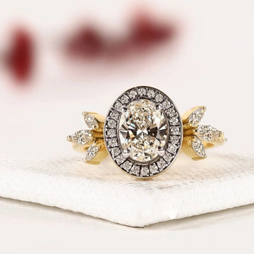 Halo Set Oval Cut Lab Diamond Leaf Style Engagement Ring