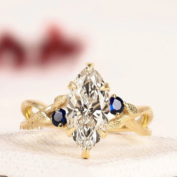Marquise Cut Moissanite Diamond And Blue Sapphire Engagement Ring