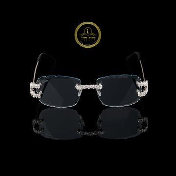 Rimless Rectangular Diamond Sunglasses with Floral Bridge & Open-Loop Diamond Hinges