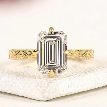 Emerald Cut Moissanite Diamond Ring with Engraved Band