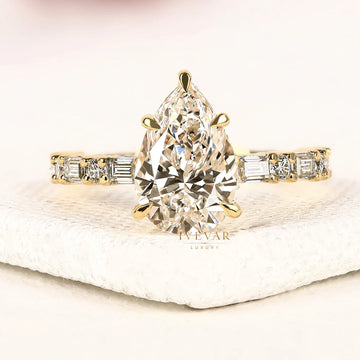 Pear Cut Moissanite Diamond Engagement Ring with Baguette Accent Band