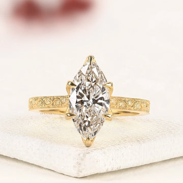 Marquise Cut Moissanite Diamond Ring with Engraved Gold Band