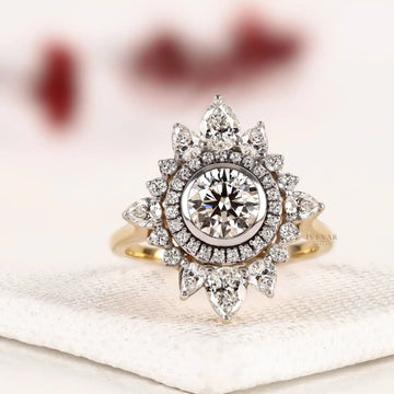 Sunburst Floral Halo Round Cut Lab Diamond Engagement Ring