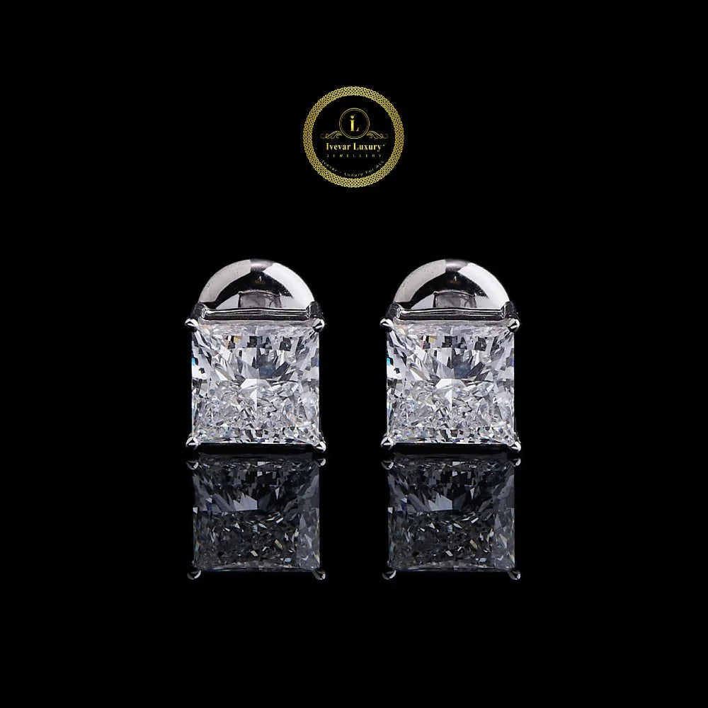 Princess Lab Diamond Classic Solitaire Stud Earrings with Four Prong Crown
