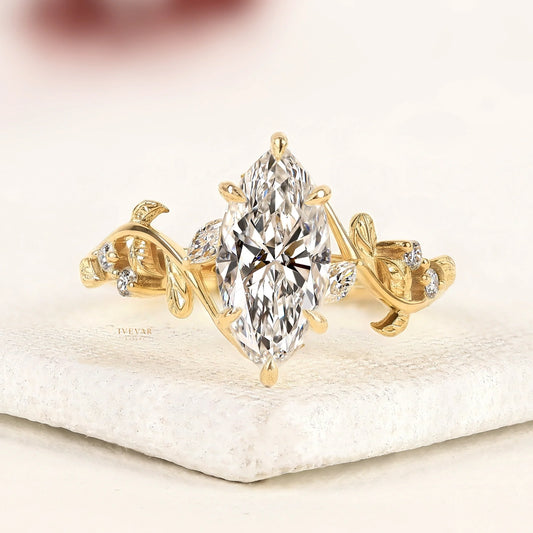 Marquise Cut Moissanite Diamond Ring with Twisted Floral Vine Band