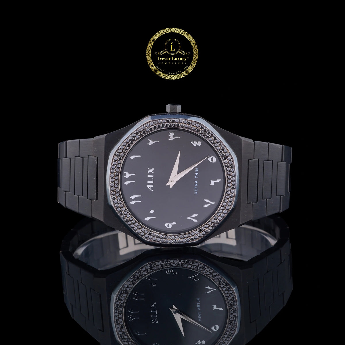 Sleek Minimalist Diamond Bezel Arabic Dial Studded Steel Watch