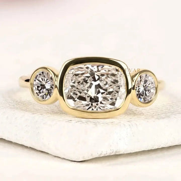 Bezel Setting Three Stone Cushion Moissanite Diamond Ring