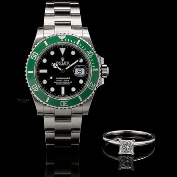Emerald Prestige Duo Green Bezel Watch & Princess Cut Moissanite Diamond Ring Set
