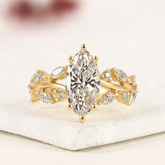 Marquise Cut Moissanite Diamond Ring with Leaf Band