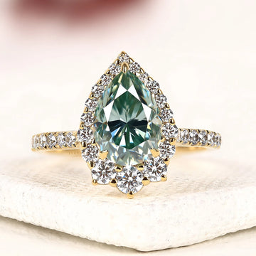Green Pear Cut Lab Diamond Halo Ring with Pave Band