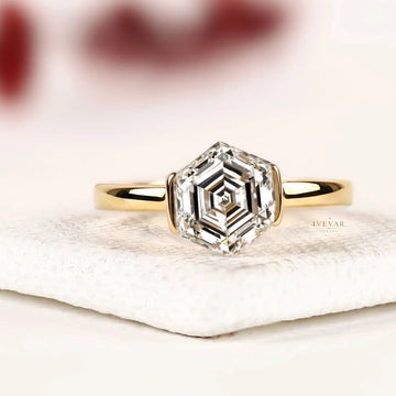 Half Bezel Hexagon Moissanite Diamond Solitaire Engagement Ring