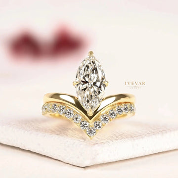 Marquise Cut Lab Diamond Pave Chevron Band Bridal Ring Set