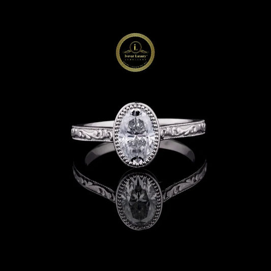 Vintage Oval Cut Lab Diamond Milgrain Engagement Ring