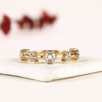 Hexagon Cut Round Accent Lab Diamond Wedding Ring