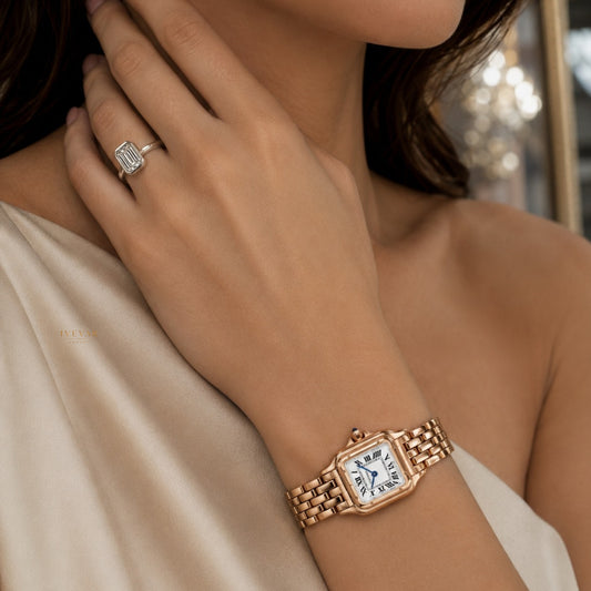 Timeless Grace Collection Rose Gold Watch with Emerald Cut Moissanite Diamond Ring By Ivevar