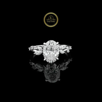 Oval Cut Lab Diamond Engagement Ring With Marquise Cluster Side Stones