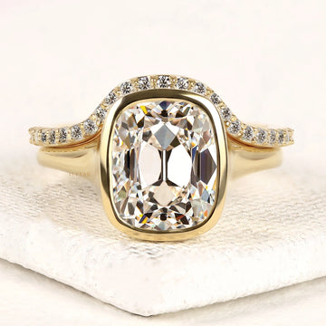 Elongated Cushion Cut Moissanite Bezel Halo Diamond Split Shank Ring