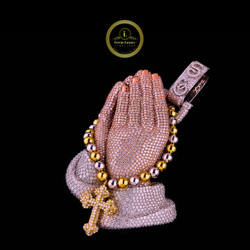 New Moissanite Praying Hands Cross Pendant in three tone by Ivevar.